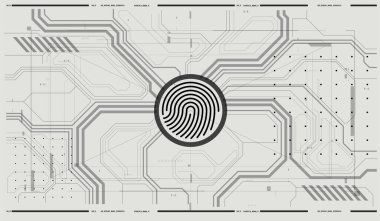 Fütürist stilde parmak taraması. Tanımlama Sistemi Taranıyor. Gelecekçi HUD Arayüzü ile Biyometrik Kimlik.