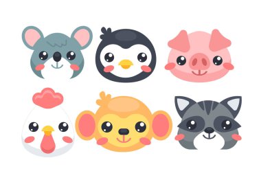 Komik çizgi film hayvanları. Fare, penguen, domuz, tavuk, maymun, rakun. İnternet ve baskı için çizimler. Üzerinde şirin hayvan kafaları olan karikatür çıkartmaları..