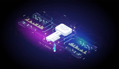 Ağ veri güvenliği izometrik vektör çizimi. Güvenlik Veri Koruma. Dijital anahtar. Gizli bilgi koruması izometrik kavram.