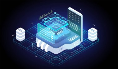 Yazılım geliştirme ve programlama. Büyük veri işleme işlemi. İzometrik teknoloji çizimi. Dijital Teknoloji Web Sancağı. Analiz ve Bilgi.