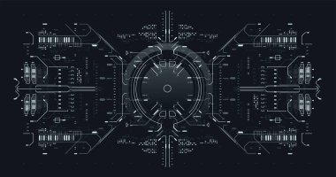 Cyberpunk Sky-fi illüstrasyonu. Bilim kurgu tasarımı. Fütürist soyut teknoloji şablonu. Siber uzay sanal gerçekliği HUD tarzında. Video ve oyunlar için ekranları çalıştırın. Geleceğin VR görüntüsü.