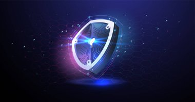 Geleceğin parlayan koruyucu kalkanı. Soyut güvenlik dijital teknoloji geçmişi. Güvenli Konseptin Korunması ve Güvenliği.