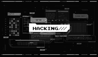 Soyut terminal konsolu. Fütürist arayüz elementleri ayarlandı. İnternet gizliliği ve güvenliği. Hacker arayüzü. Hackleme işlemi.