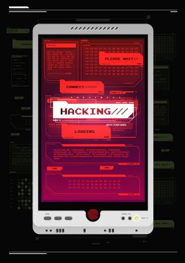 Hacker arayüzü. Hud arka planı. Fütürist arayüz elementleri ayarlandı. Fütürist UI konsepti. İnternet gizliliği ve güvenliği. Soyut terminal konsolu. Hackleme işlemi.