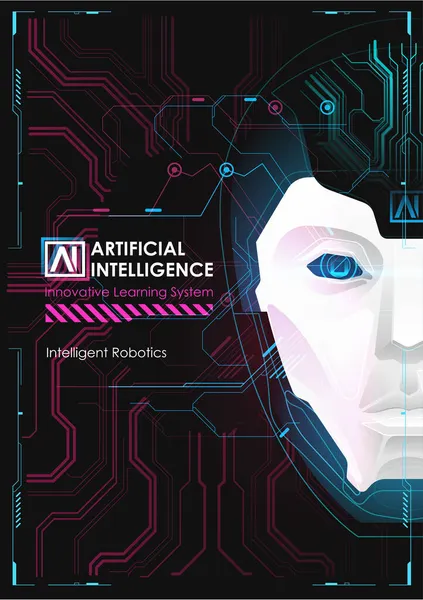 로봇이나 인간의 사이버 디지털 얼굴을 인공지능은 데이터 정보를 학습하고 있습니다 — 스톡 벡터