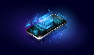 Akıllı telefon ve bankanın farklı bir görüntüsü. Mobil banka kavramsal illüstrasyonu. Telefonla internet bankacılığı. Finansal teknolojiler. Finans hizmetleri için yazılım ve mobil uygulama.