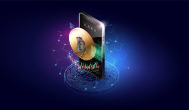 Kripto para değişimi konsepti. Blockchain, Bitcoin Madencilik Çizimi. Telefon ekranında takas uygulaması.