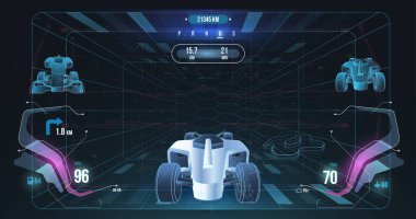 Yarış pistindeki soyut vektör 3d f 1 bolide yarış arabası. Mavi yapı çizimi. Hud vektör UI kavramı.