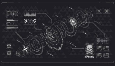 Oyun ve uygulamalar için kafa ekranı. Soyut teknoloji alanı. Cyberpunk bilim kurgu illüstrasyonu. Fütürist soyut teknoloji şablonu. Kırmızı Fütürist VR ekranı. HUD arayüz arkaplanı. Yüksek teknoloji çerçevesi.