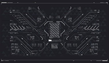 Cyberpunk bilim kurgu illüstrasyonu. Fütürist soyut teknoloji şablonu. Kırmızı Fütürist VR ekranı. Soyut teknoloji alanı. Oyun ve uygulamalar için kafa ekranı. Yüksek teknoloji çerçeveli. HUD arayüz arkaplanı.