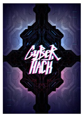 Siber punk fütürist poster. Programlama ve sanal ortamlar. İnternet ve baskı için modern broşür. Hackleme, Siber kültür, HUD elementli Teknoloji Soyut poster şablonu.