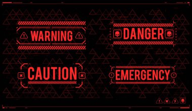 Yazdırma ve ağ için HUD elemanları içeren kavramsal düzen. Fütürist kullanıcı arayüzü ögeleri ile harf. Yüksek çözünürlüklü tehlike bölgesi. uyarı ve uyarı işaretleri.