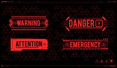 Yazdırma ve ağ için HUD elemanları içeren kavramsal düzen. Fütürist kullanıcı arayüzü ögeleri ile harf. Yüksek çözünürlüklü tehlike bölgesi. uyarı ve uyarı işaretleri.