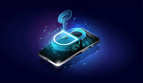 自動保護 スマートアプリは 盗難やハッカーの攻撃からスマートフォンを保護します 技術内部のセキュリティロック モバイルセキュリティの現代的な概念 ベクターイラスト — ストックベクタ