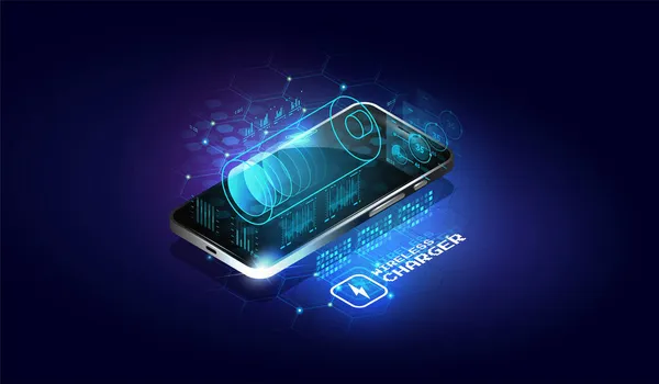 Chargement Sans Fil Batterie Smartphone Concept Futur Progrès Charge Illustration — Image vectorielle