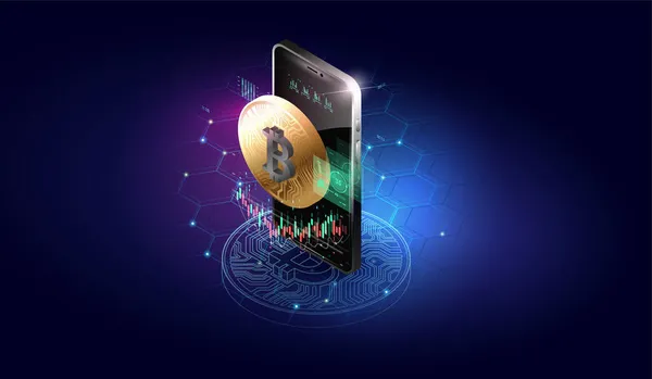 Kripto Para Değişimi Konsepti Blockchain Bitcoin Madencilik Çizimi Telefon Ekranında — Stok Vektör
