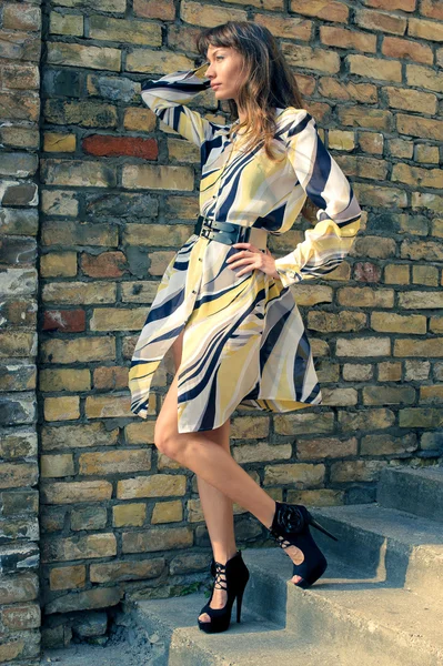 Fashion woman on the street of old Riga — Stock Photo, Image