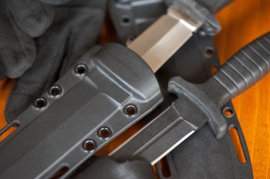 askeri bıçaklar ve ahşap arka plan üzerinde izole kın