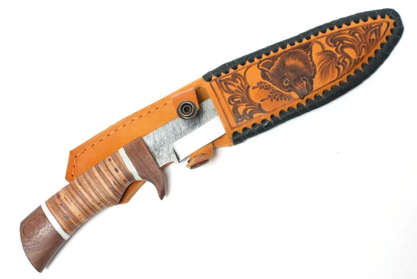 Hunting knife with leather case on white background — Stock Photo, Image