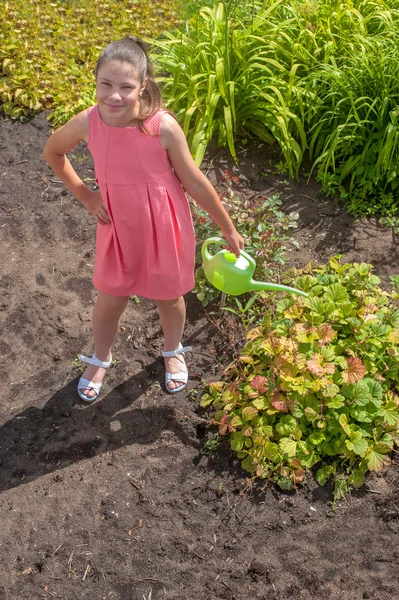 Menina bonito regar plantas em um jardim — Fotografia de Stock