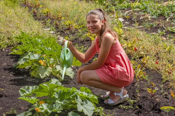 Cute girl watering plants in a garden — Stock Photo, Image