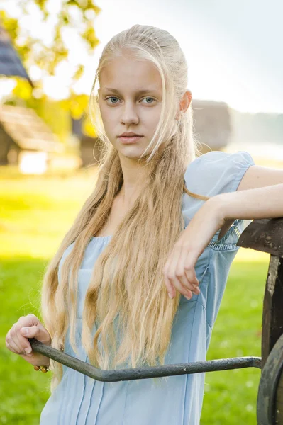 Hermosa joven con el pelo largo y rubio en vestido azul en el campo — Foto de Stock