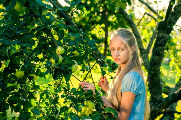 Potret luar ruangan gadis pirang cantik berpose di dekat pohon apel — Stok Foto
