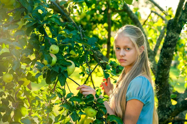 Outdoor portrait of beautiful blonde girl posing near apple tree — Stock Photo, Image