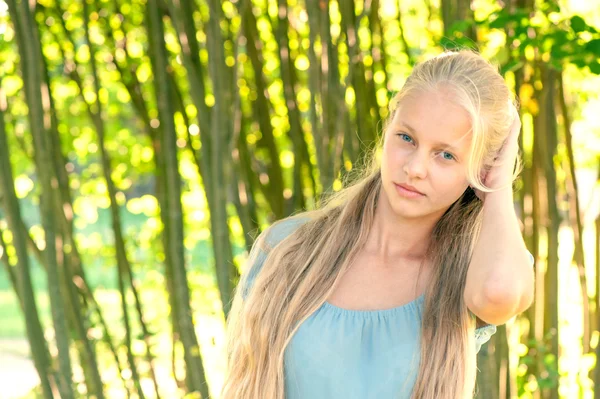 Schönes junges Mädchen mit langen blonden Haaren in blauem Kleid auf dem Land — Stockfoto