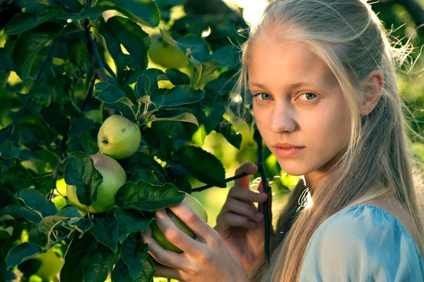 รูปภาพกลางแจ้งของสาวผมบลอนด์สวย โพสอยู่ใกล้ต้นแอปเปิ้ล — ภาพถ่ายสต็อก