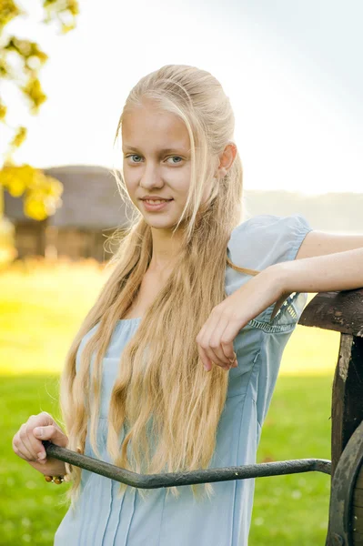 Beautiful young girl with long blond hair in blue dress in the countryside — Stock Photo, Image