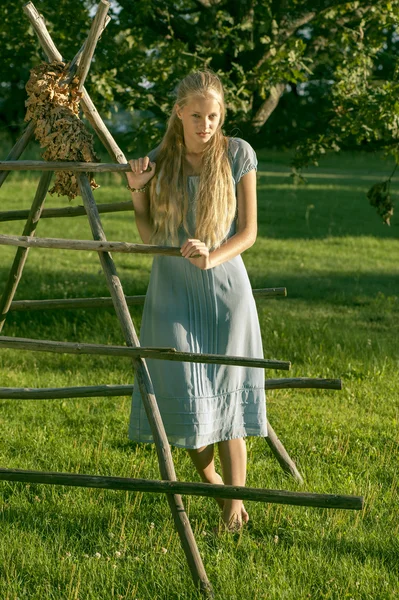 Vacker ung flicka med långa blonda hår i blå klänning på landsbygden — Stockfoto