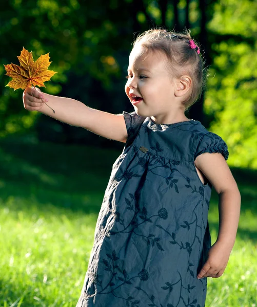 Criança feliz com folha de bordo — Fotografia de Stock