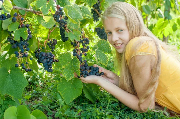 Portrait d'une belle jeune blonde avec un bouquet de raisins — Photo