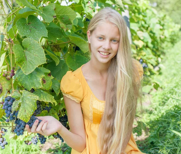 Vacker blond flicka i höst vingård — Stockfoto