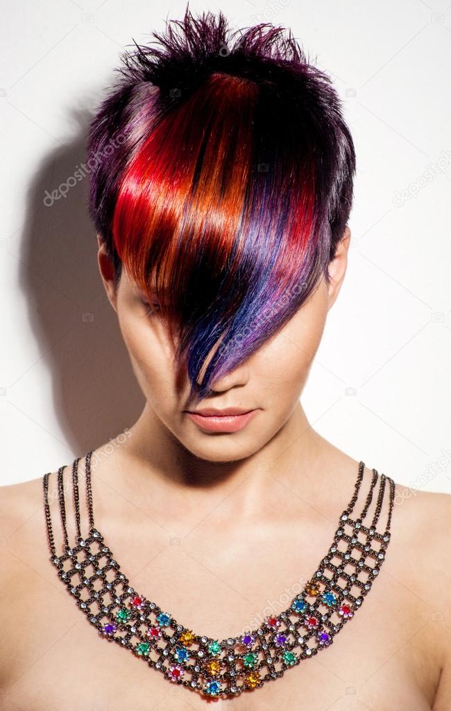 portrait of a beautiful girl with dyed hair, professional hair c