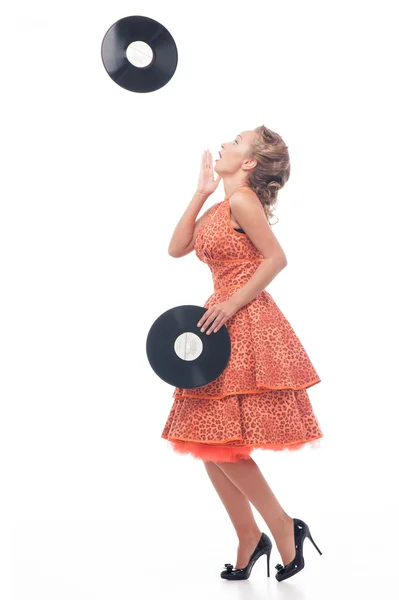 Aantrekkelijke vrouw met vinyl schijf — Stockfoto