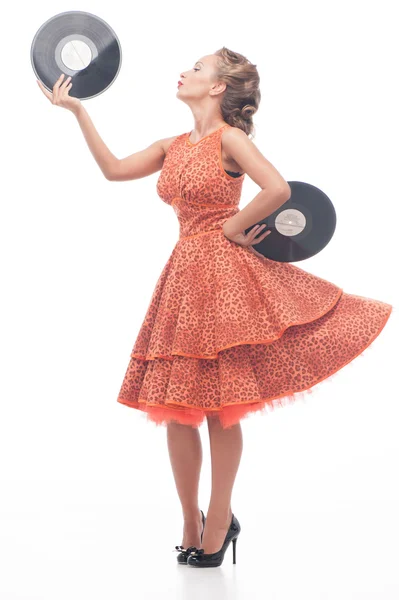 Donna attraente con disco in vinile — Foto Stock