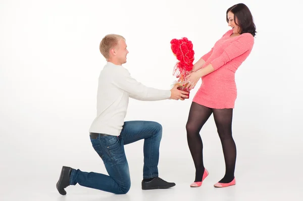 Portrait of a pregnant woman and her husband with flowers — Stock Photo, Image