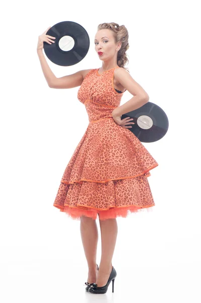 Femme attrayante avec disque vinyle — Photo