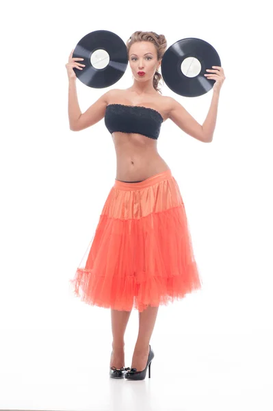 Atraktivní žena s vinyl disk — Stock fotografie