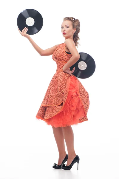 Donna attraente con disco in vinile — Foto Stock