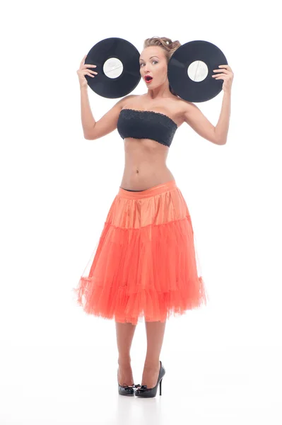 Aantrekkelijke vrouw met vinyl schijf — Stockfoto