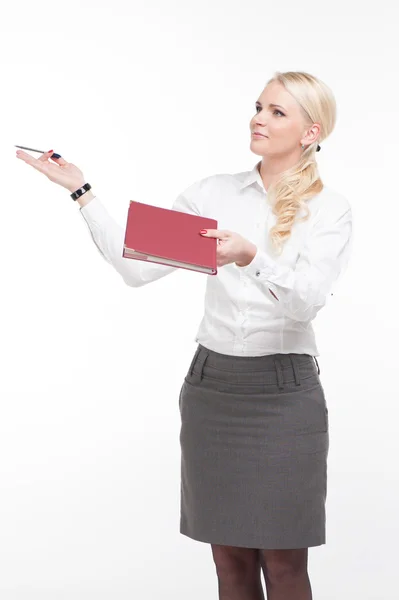 Blond secretary holding folder and pen — Stock Photo, Image