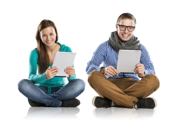 Erkek ve kadın ile tablet — Stok fotoğraf