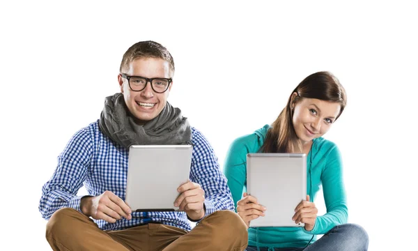 Man and woman with tablet — Stock Photo, Image