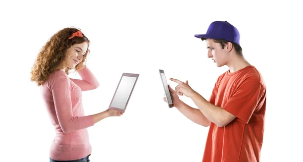 Hombre y mujer con tableta — Foto de Stock