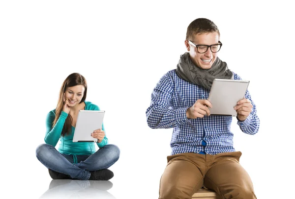 Man and woman with tablet — Stock Photo, Image