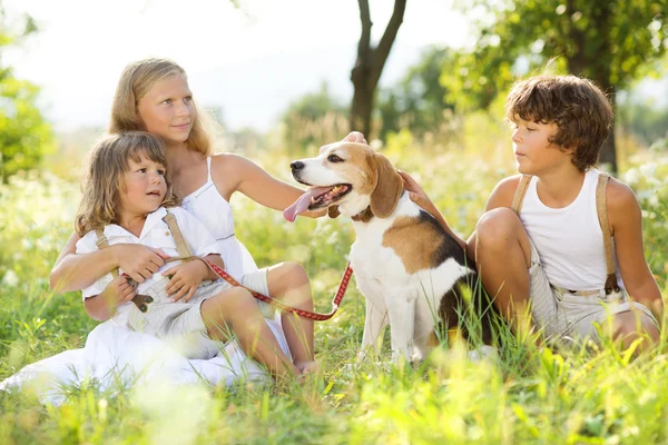 Enfants heureux avec chien — Photo
