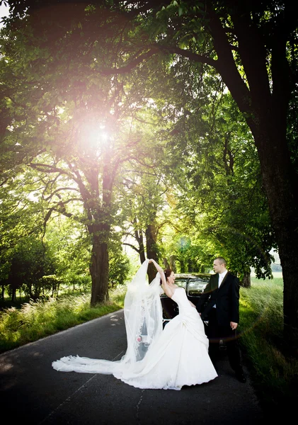 Bride and groom in car — Stock Photo, Image